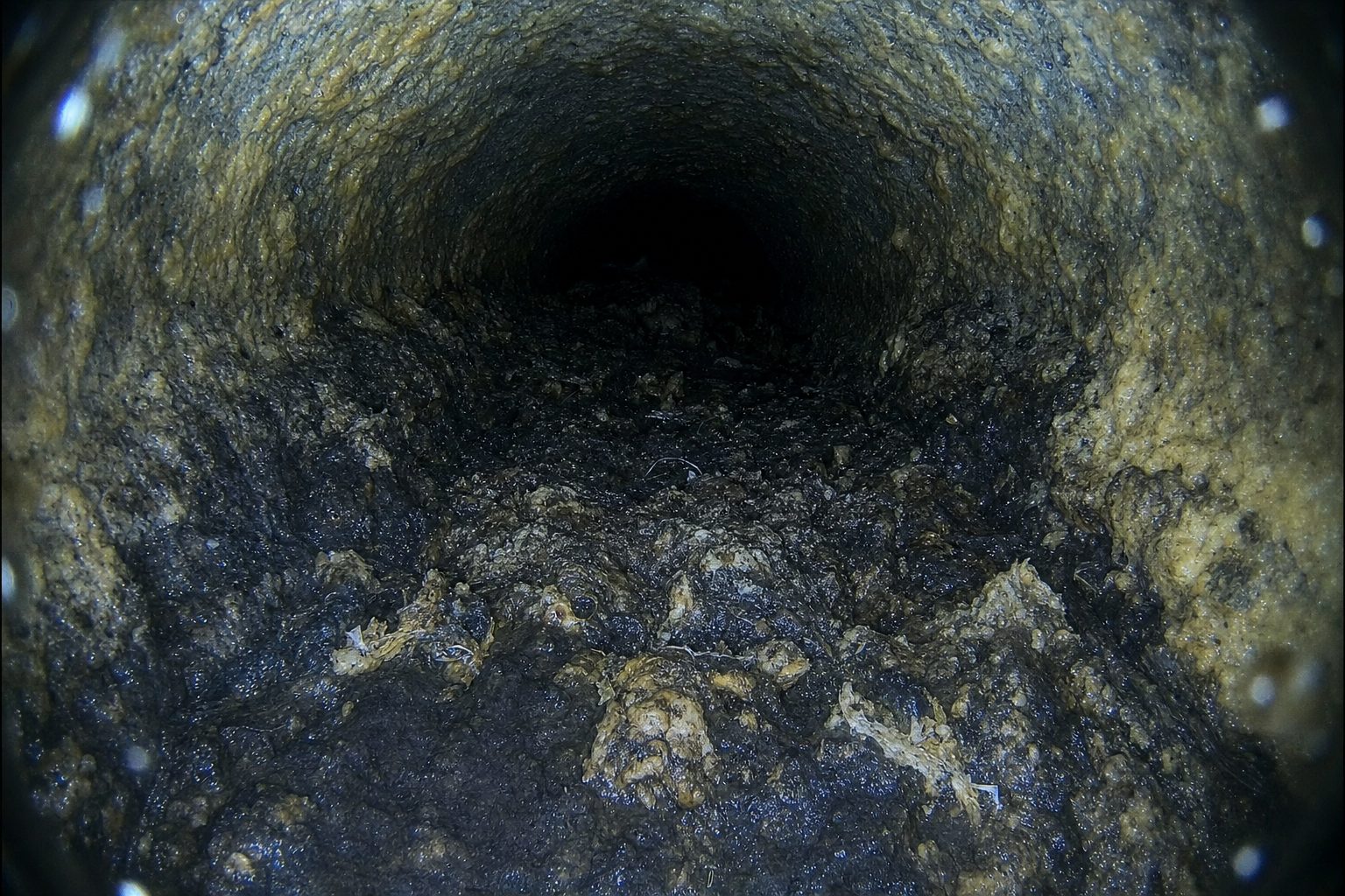 Canalisation avant intervention, paroi couverte de graisse et de tartre