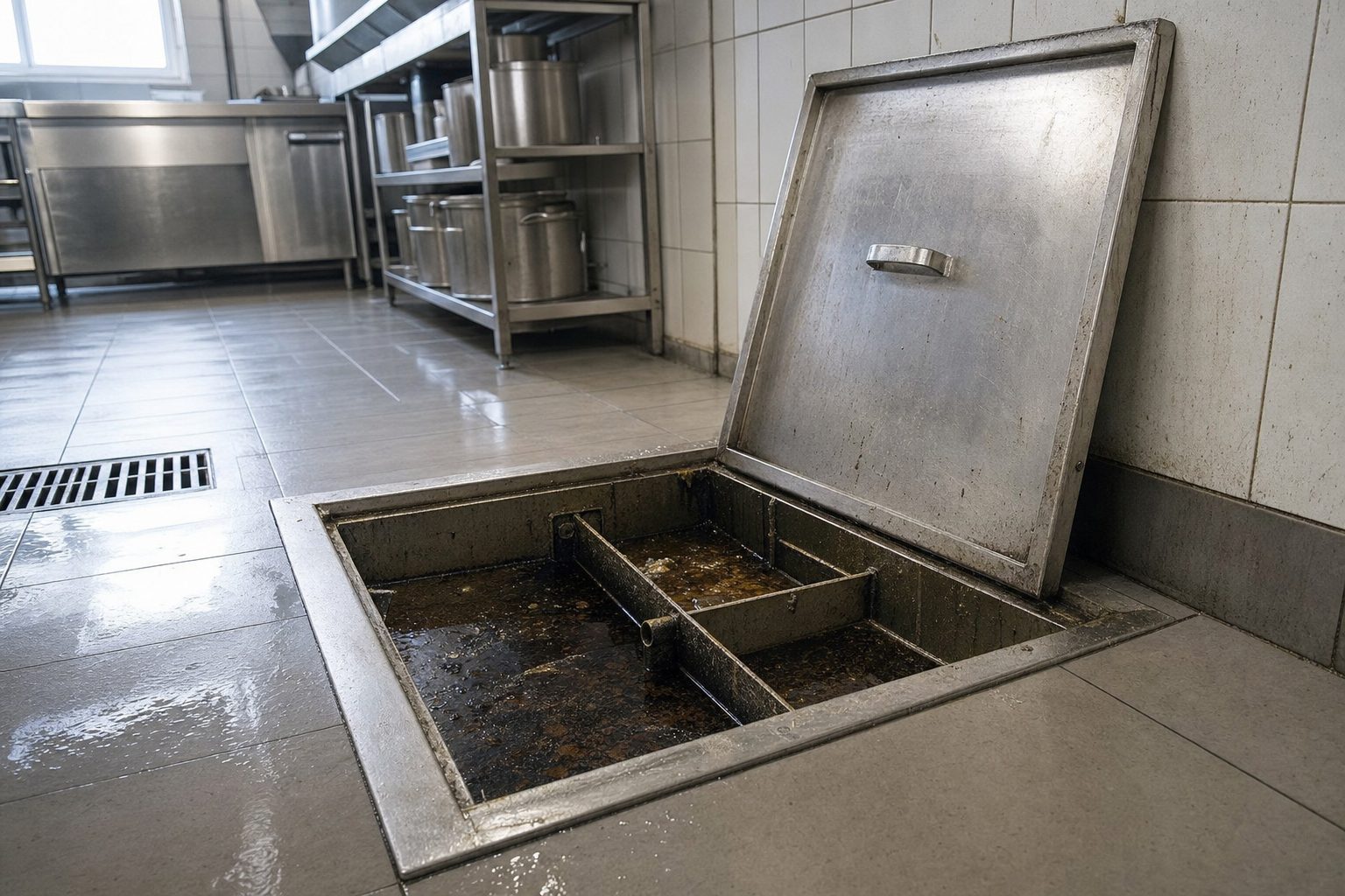 Bac à graisses inox ouvert dans une cuisine de restaurant