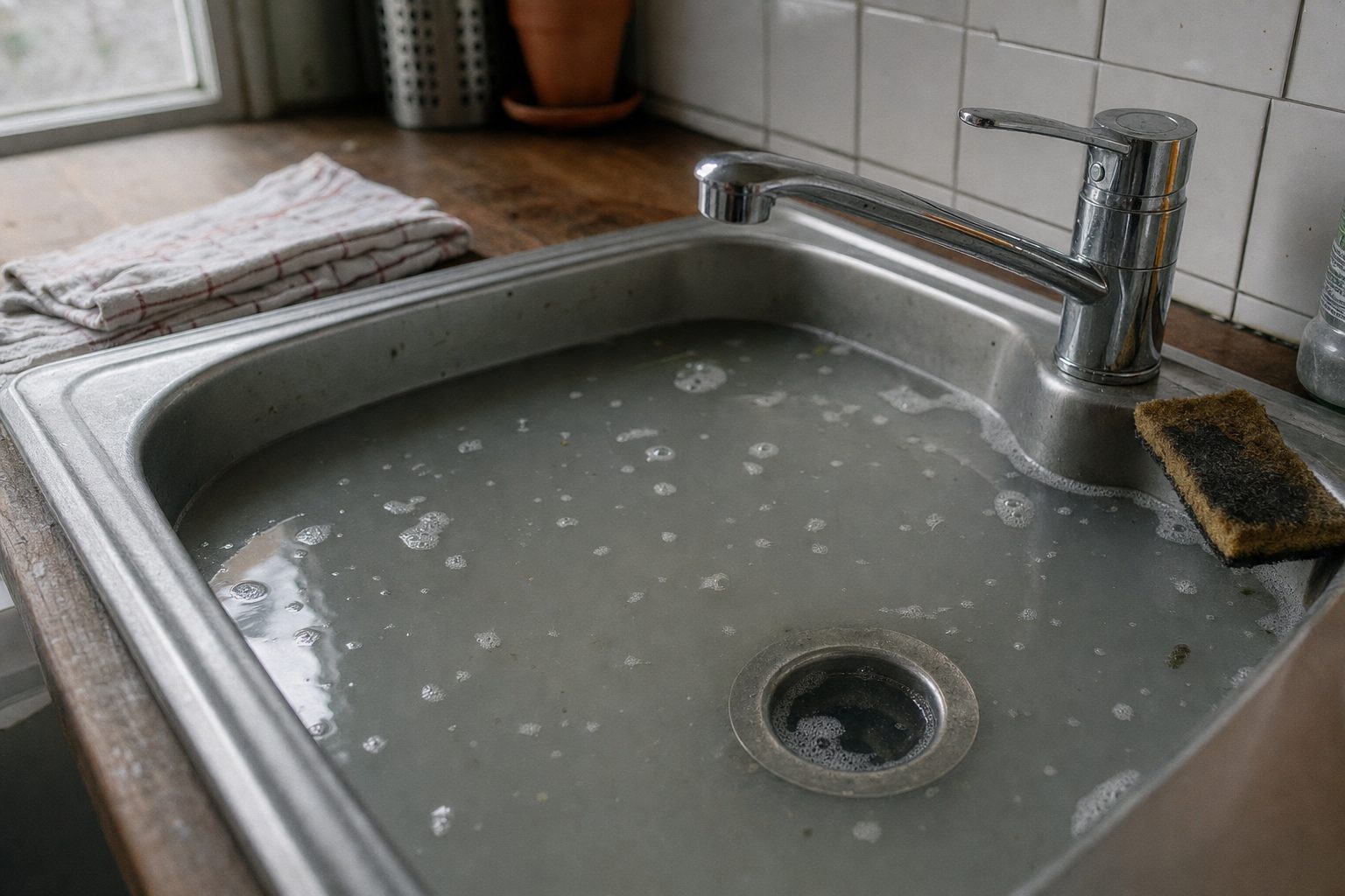 Évier de cuisine bouché, eau stagnante qui ne s’évacue plus