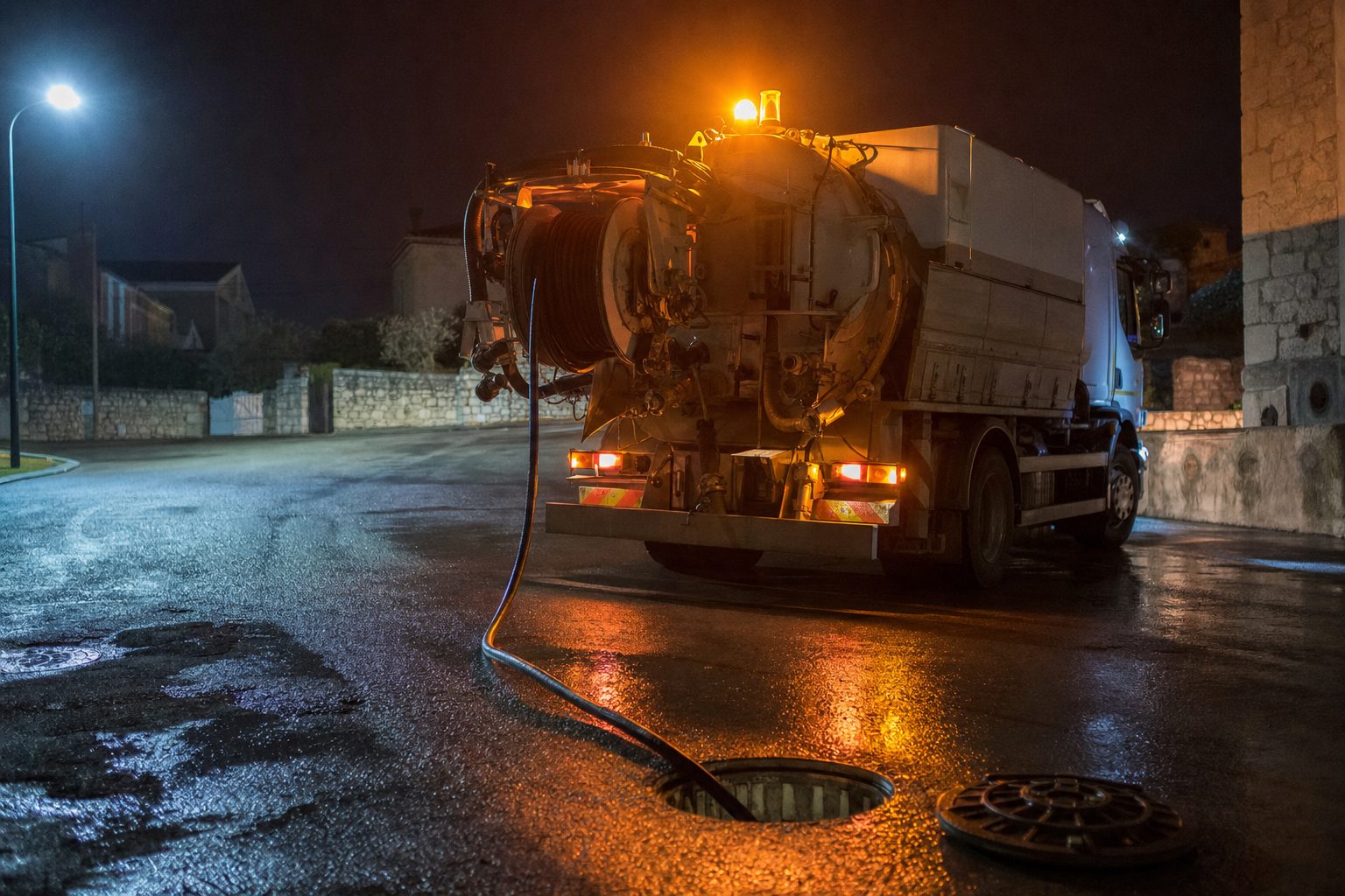 Camion hydrocureur HYDREX en intervention de nuit, tuyau déroulé dans un regard d'assainissement