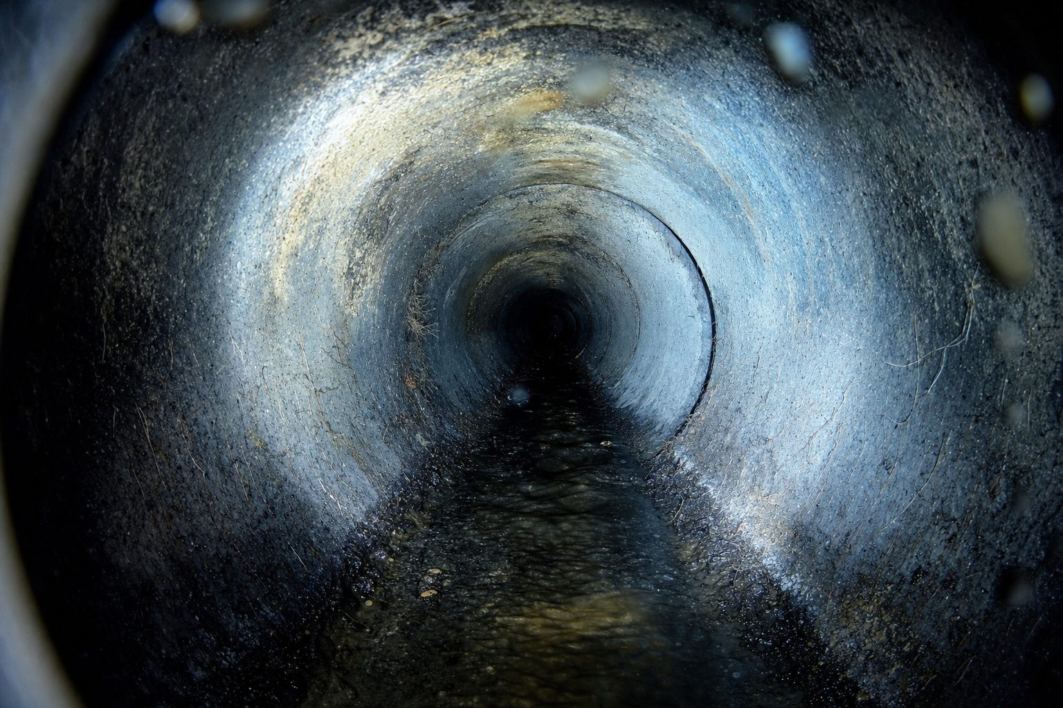 Vue intérieure d’une canalisation éclairée par une caméra d’inspection