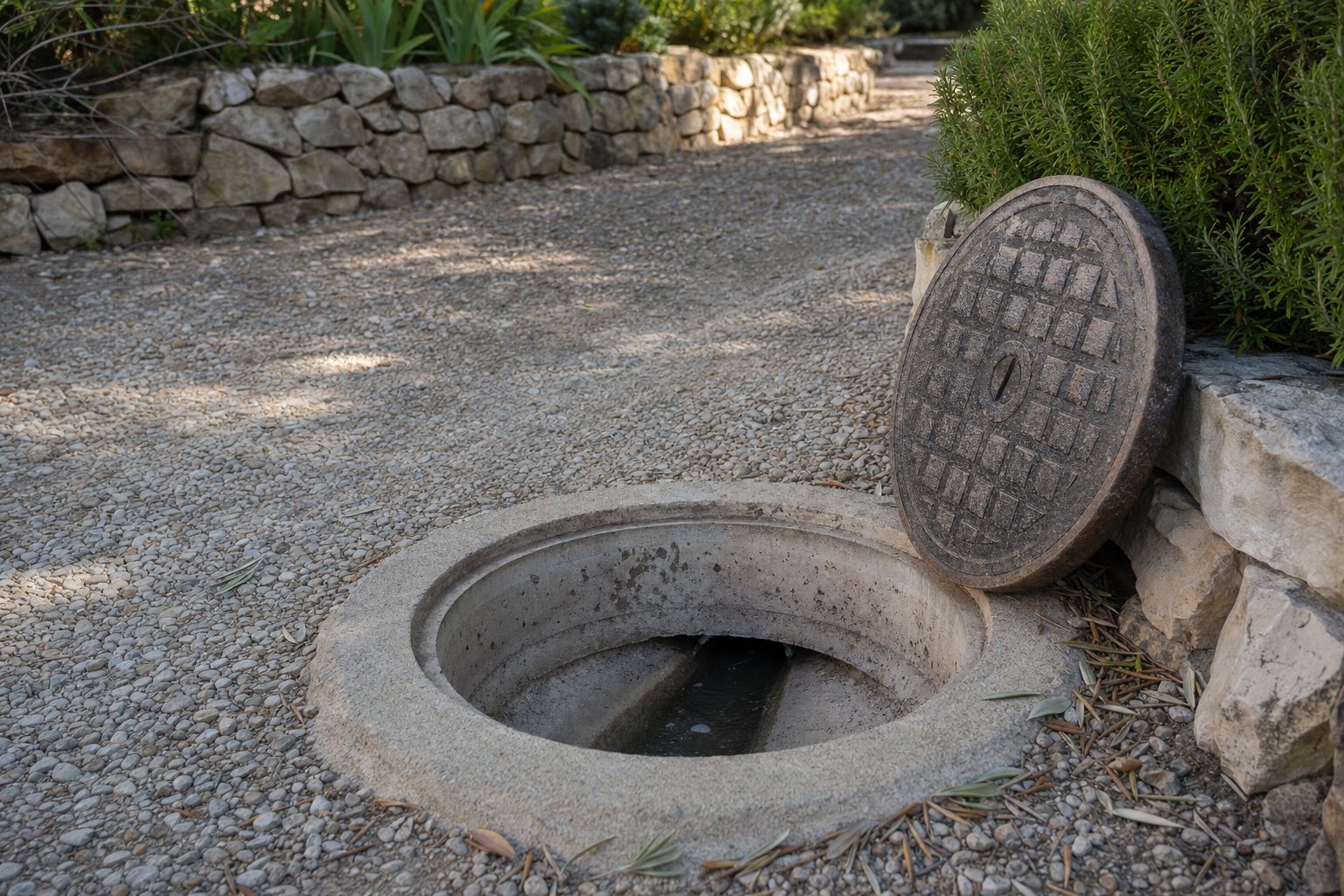 Regard d’assainissement ouvert avec écoulement d’eau claire